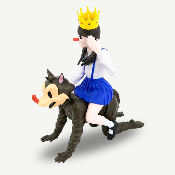 Action figure of a girl in a blue dress and yellow crown riding a wolf on a white background by Victor Castillo