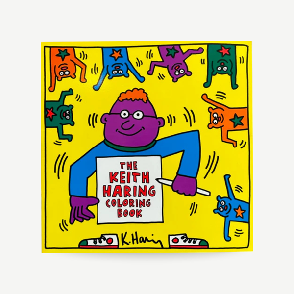 Keith Haring coloring book cover with colorful illustrations on a yellow background