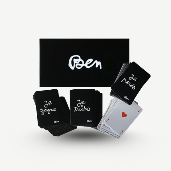 Playing cards with French phrases and a black box labeled 'Ben' on a white background