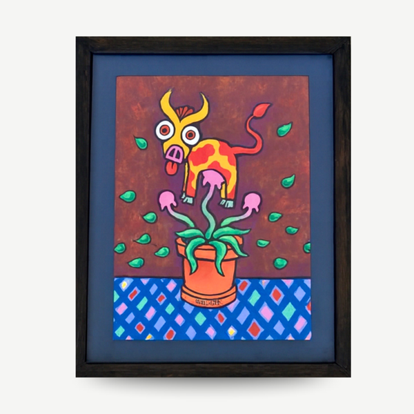 Framed colorful artwork of a creature with plant-like features on a patterned background. Dadara - Cow Plant original Dadara artwork