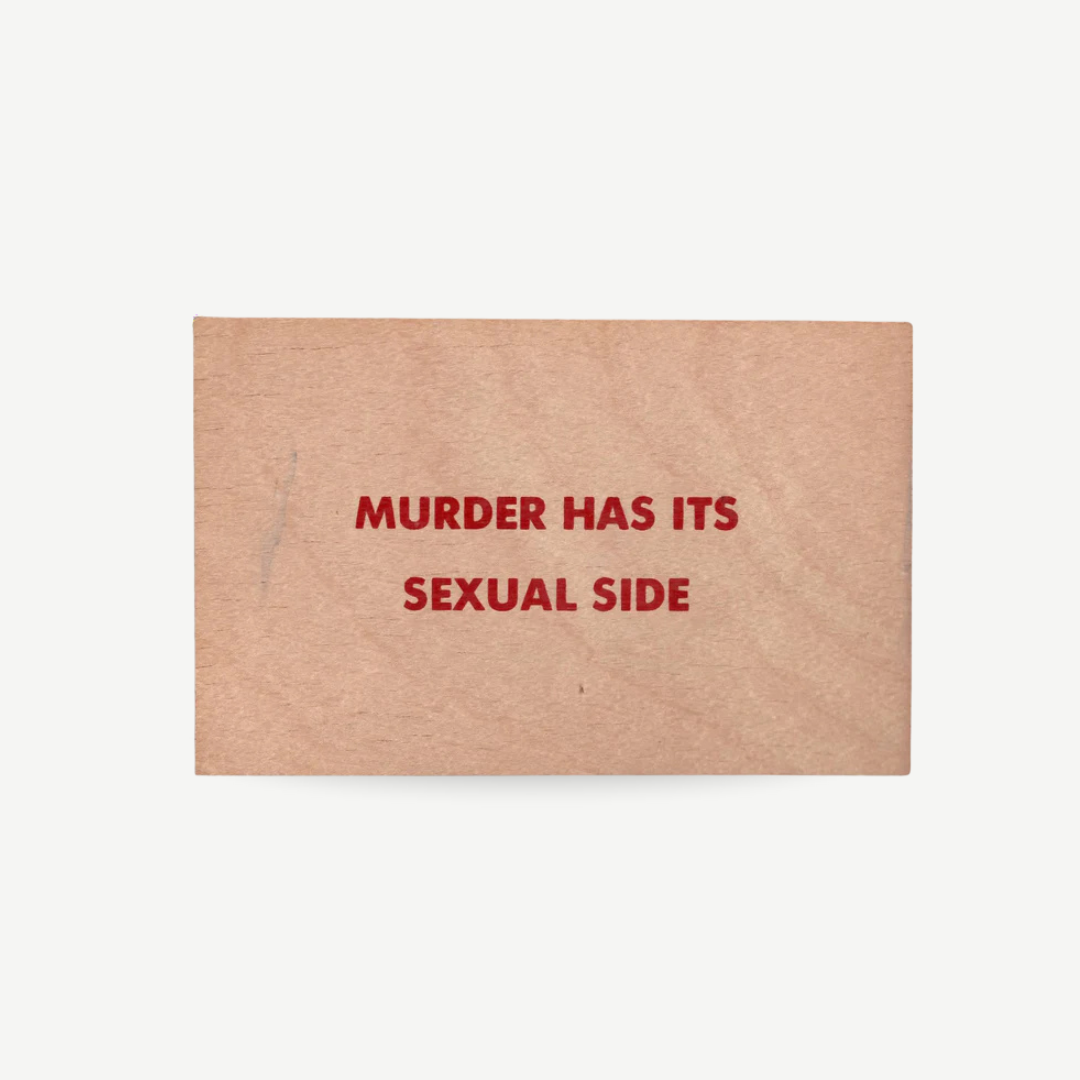 Original wood art tile by Jenny Holzer featuring red printed text, available for sale