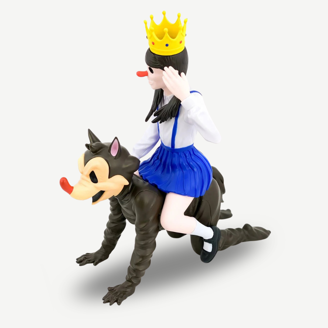 Action figure of a girl in a blue dress and yellow crown riding a wolf on a white background by Victor Castillo