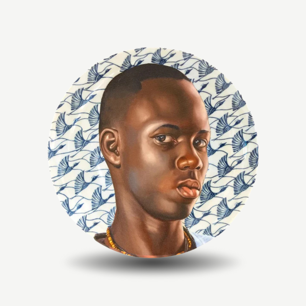 Circular portrait of a person with a decorative blue and white pattern in the background Kehinde Wiley - Mame Ngagne Plate