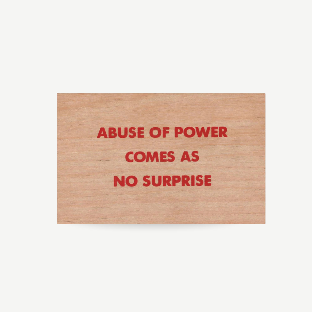 Original wood art tile by Jenny Holzer featuring red printed text, available for sale