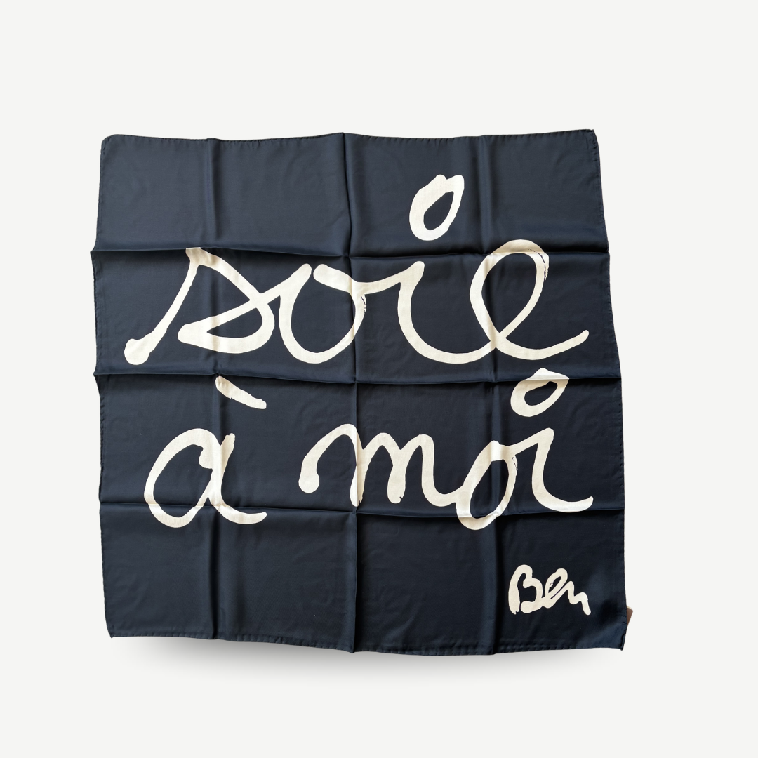 Ben Vautier Soie à Moi Silk Scarf, a vintage 100% silk artist scarf made in Italy by Latitude Sud, featuring Ben’s text-based print and original tag attached.