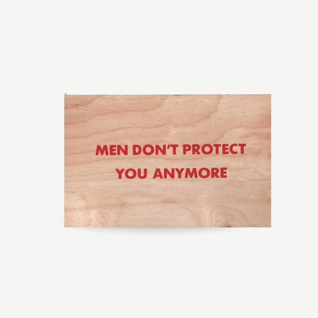 Original wood art tile by Jenny Holzer featuring red printed text, available for sale