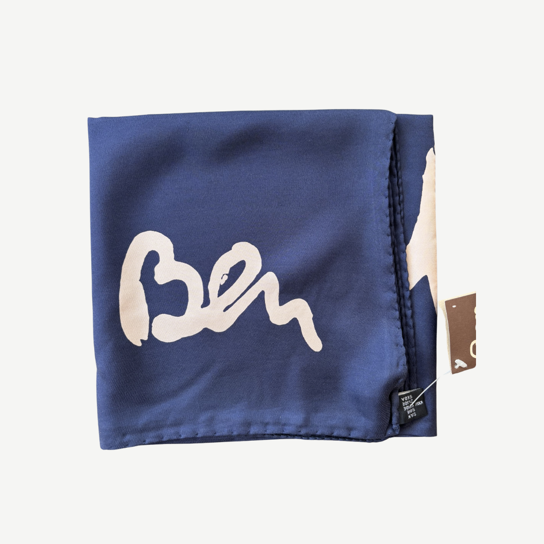 Ben Vautier Soie à Moi Silk Scarf, a vintage 100% silk artist scarf made in Italy by Latitude Sud, featuring Ben’s text-based print and original tag attached.
