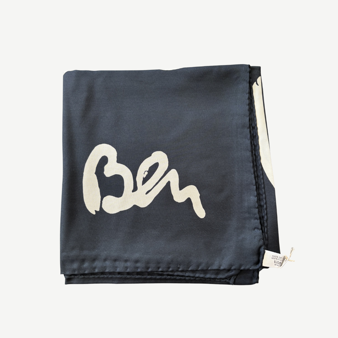 Ben Vautier Soie à Moi Silk Scarf, a vintage 100% silk artist scarf made in Italy by Latitude Sud, featuring Ben’s text-based print and original tag attached.