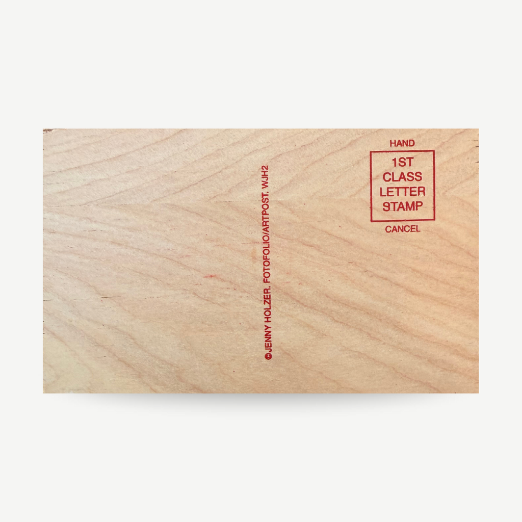Original wood art tile by Jenny Holzer featuring red printed text, available for sale