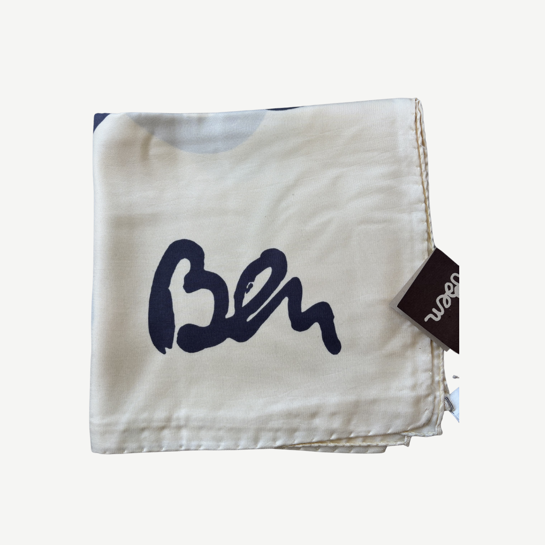 Ben Vautier Soie à Moi Silk Scarf, a vintage 100% silk artist scarf made in Italy by Latitude Sud, featuring Ben’s text-based print and original tag attached.