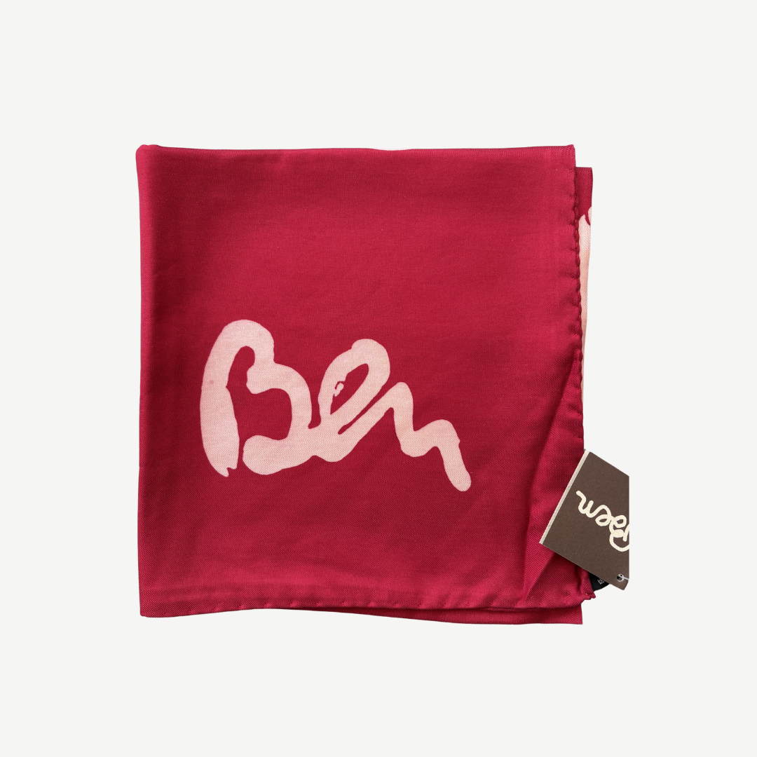 Ben Vautier Soie à Moi Silk Scarf, a vintage 100% silk artist scarf made in Italy by Latitude Sud, featuring Ben’s text-based print and original tag attached.