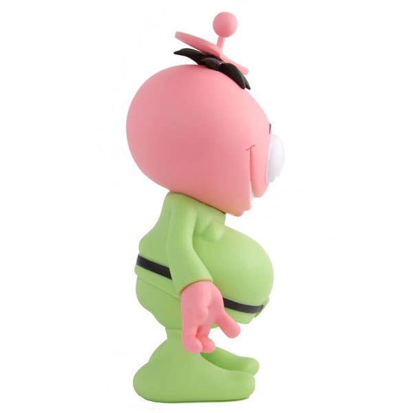 Ron English figure with pink head and green body on a white background