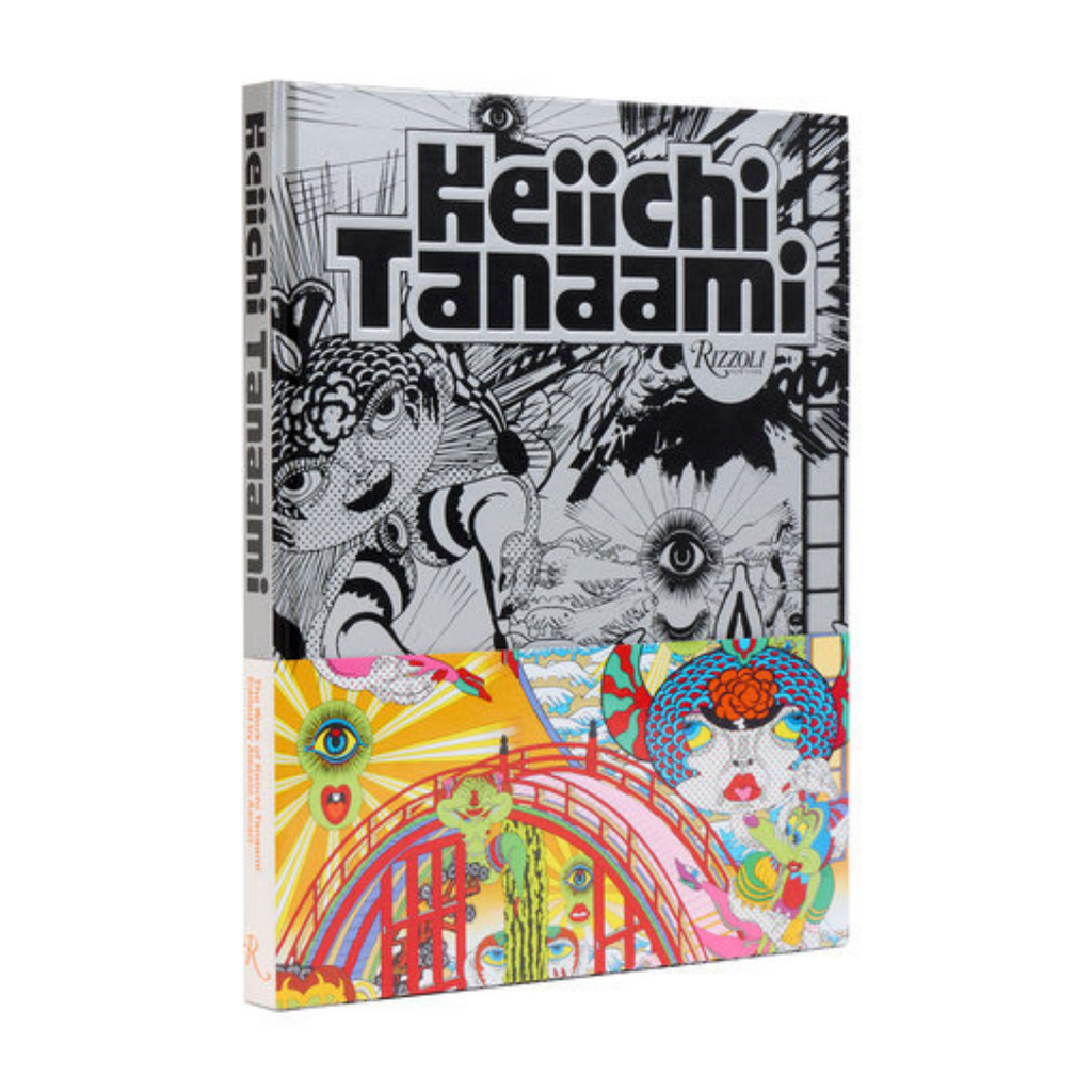 Book cover with black and white illustrations of animals and colorful abstract design on a white background from Keiichi Tanaami'