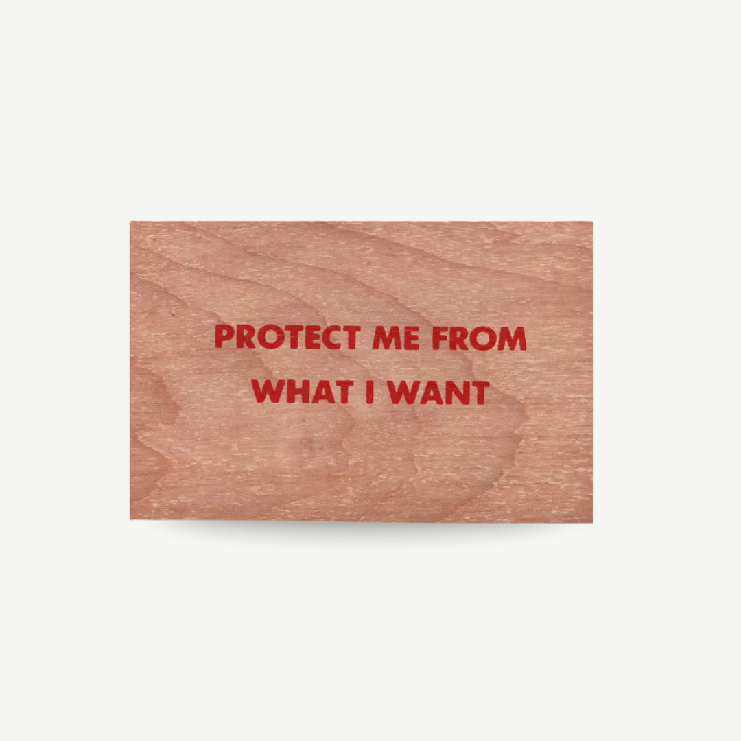 Original wood art tile by Jenny Holzer featuring red printed text, available for sale