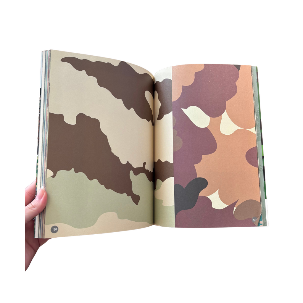 Open book with camouflage pattern on a white background