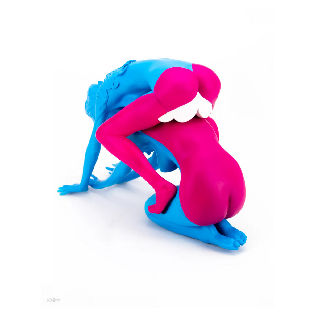 Colorful sculpture of a blue and pink ladies on a white background by Ron English