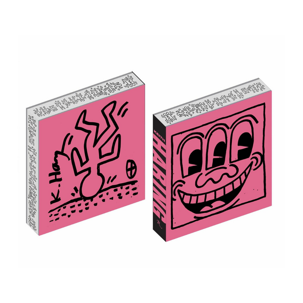 Two pink boxes with black graphics on a white background