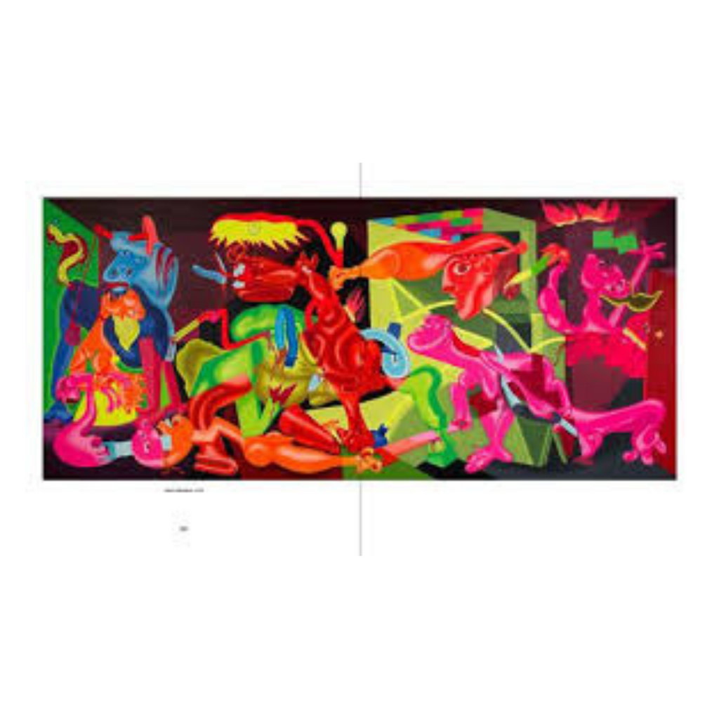Colorful abstract painting with various figures on a white background by Peter Saul