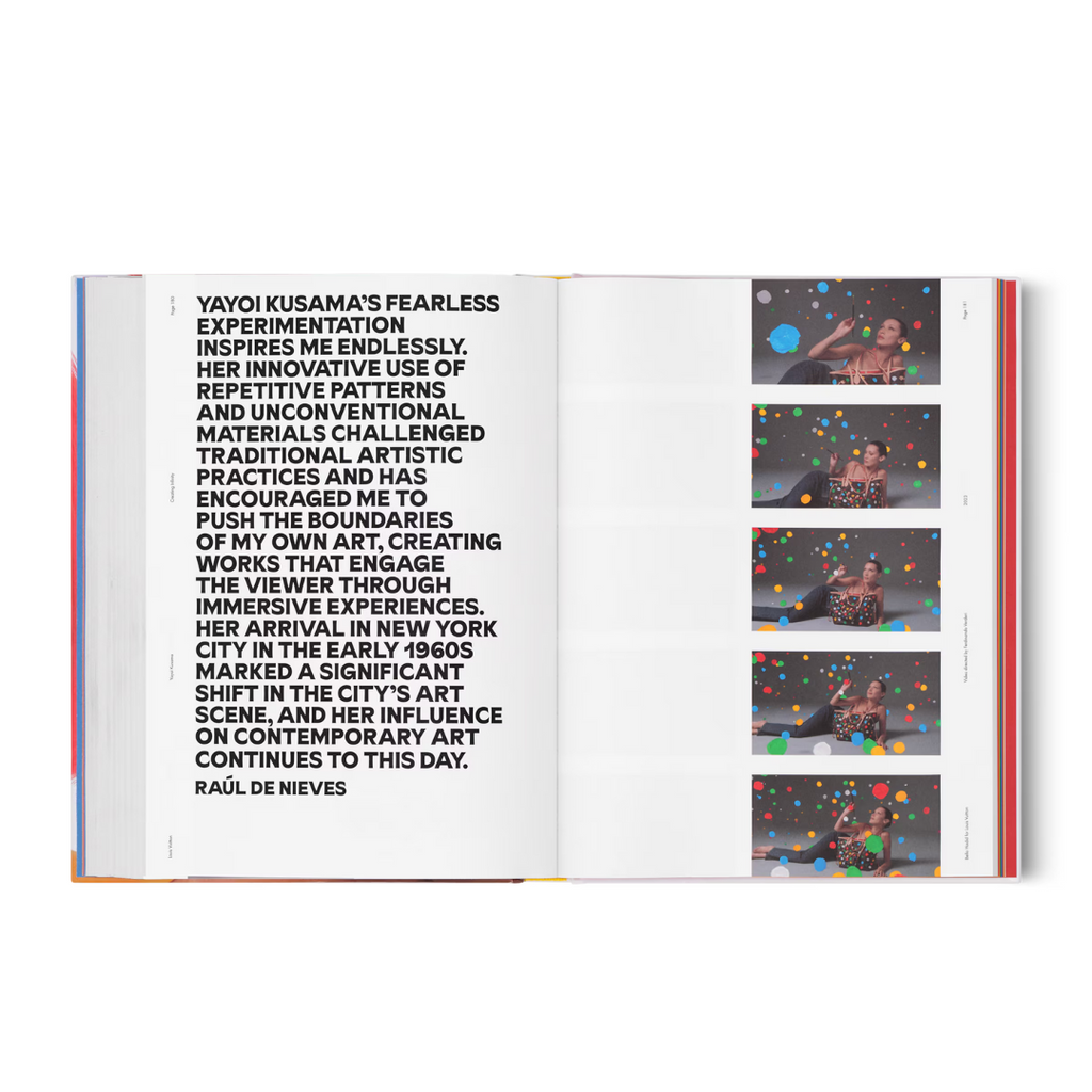 Open book with text and images of a person in colorful outfits on a white background