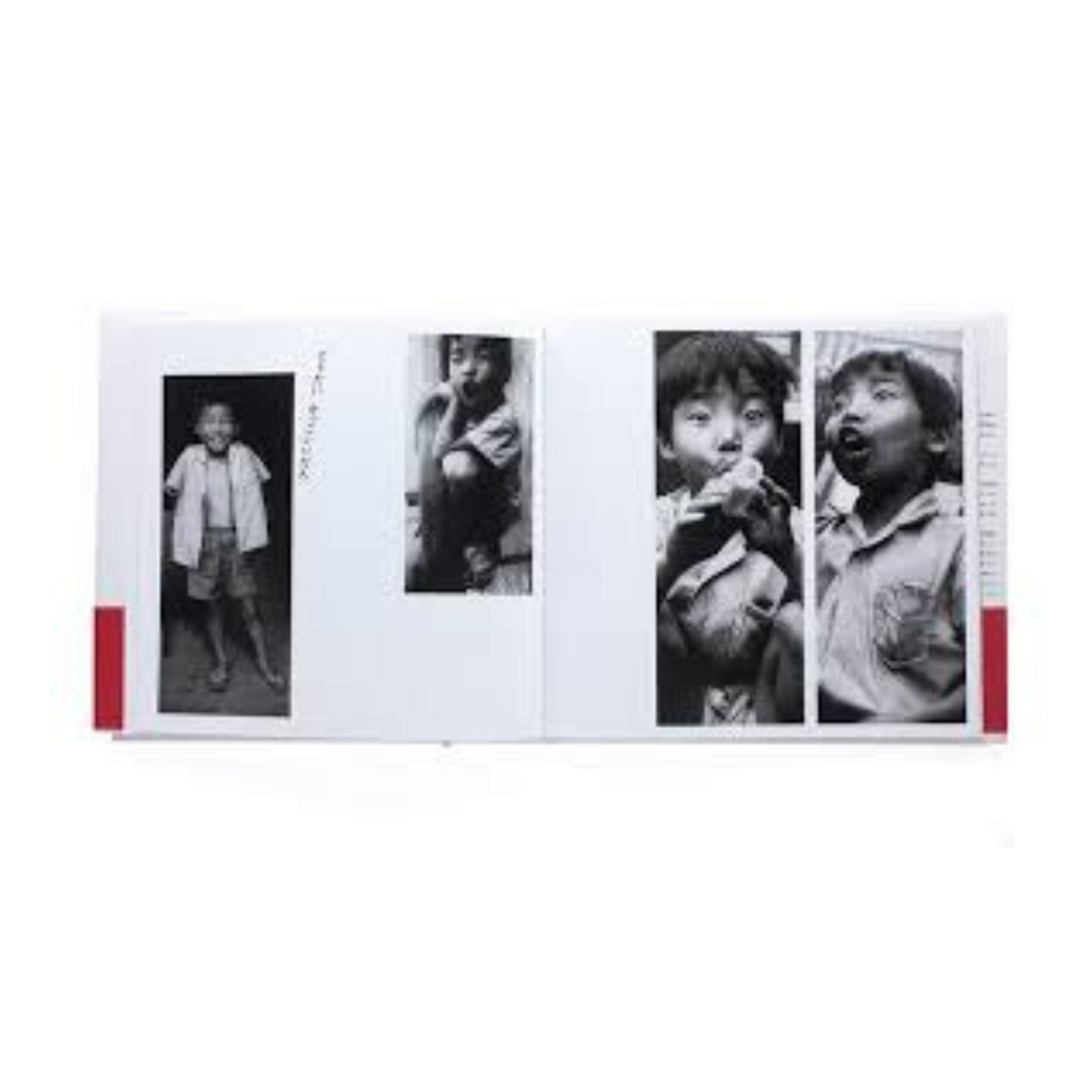 Set of black and white photos of children on a white background with photos by Nobuyashi Araki of Japanese children at play.