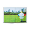 Animated character with a cityscape in the background