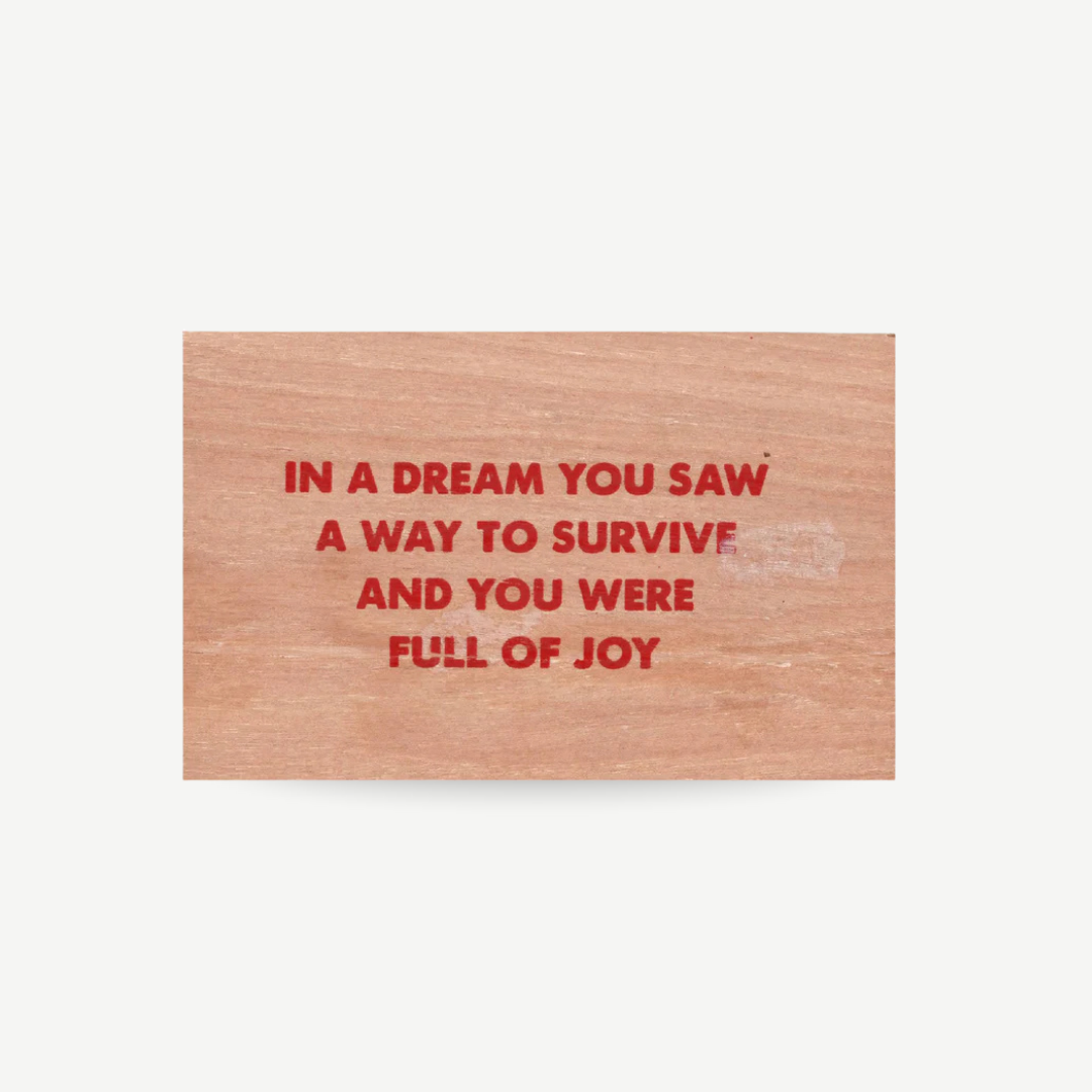 Original wood art tile by Jenny Holzer featuring red printed text, available for sale