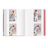 Open book with colorful illustrations of a Yaoi Kusama in a polka dot outfit and a dog.