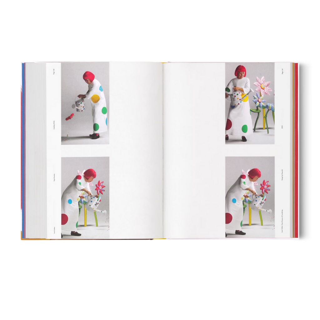 Open book with colorful illustrations of a Yaoi Kusama in a polka dot outfit and a dog.