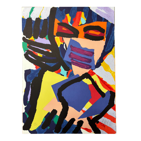Abstract artwork with colorful geometric shapes and black outlines on a white background by Karel Appel, limited signed edition print