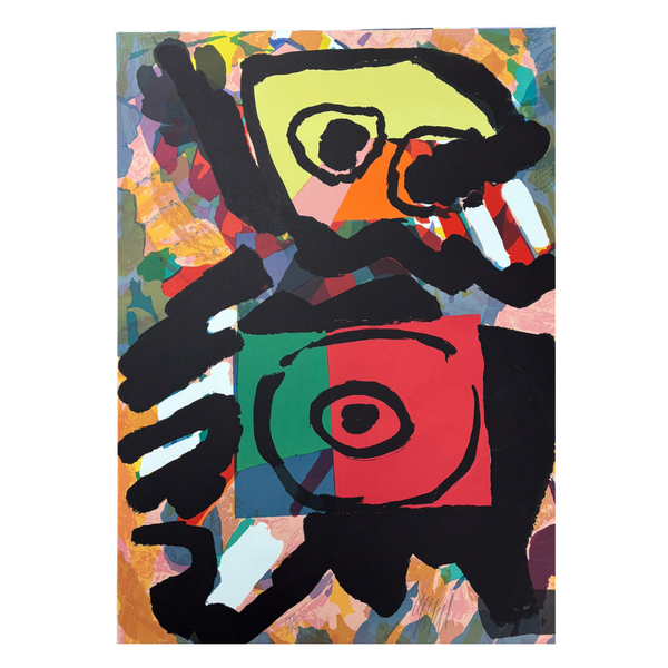 Abstract artwork with colorful geometric shapes and black outlines on a white background by Karel Appel, limited signed edition print