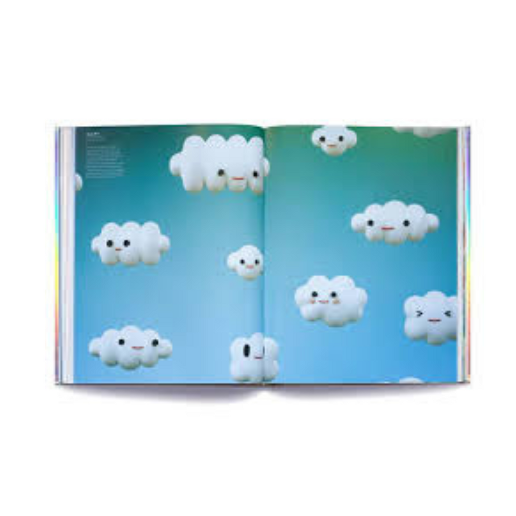 Open book showing pages with cartoon clouds on a blue gradient background