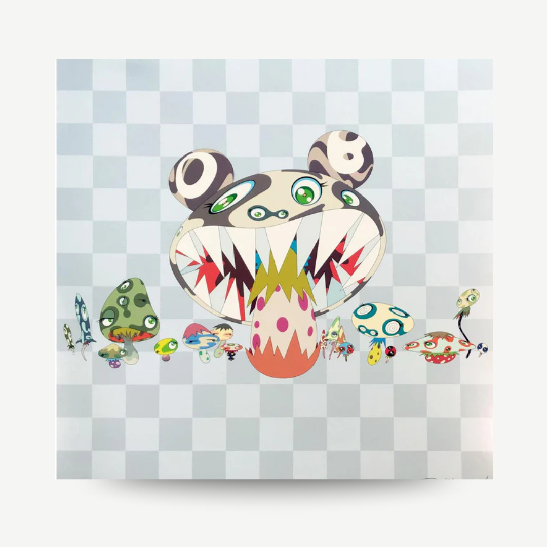 Colorful cartoon character on a checkered background Takashi Murakami here comes media original print hand-signed