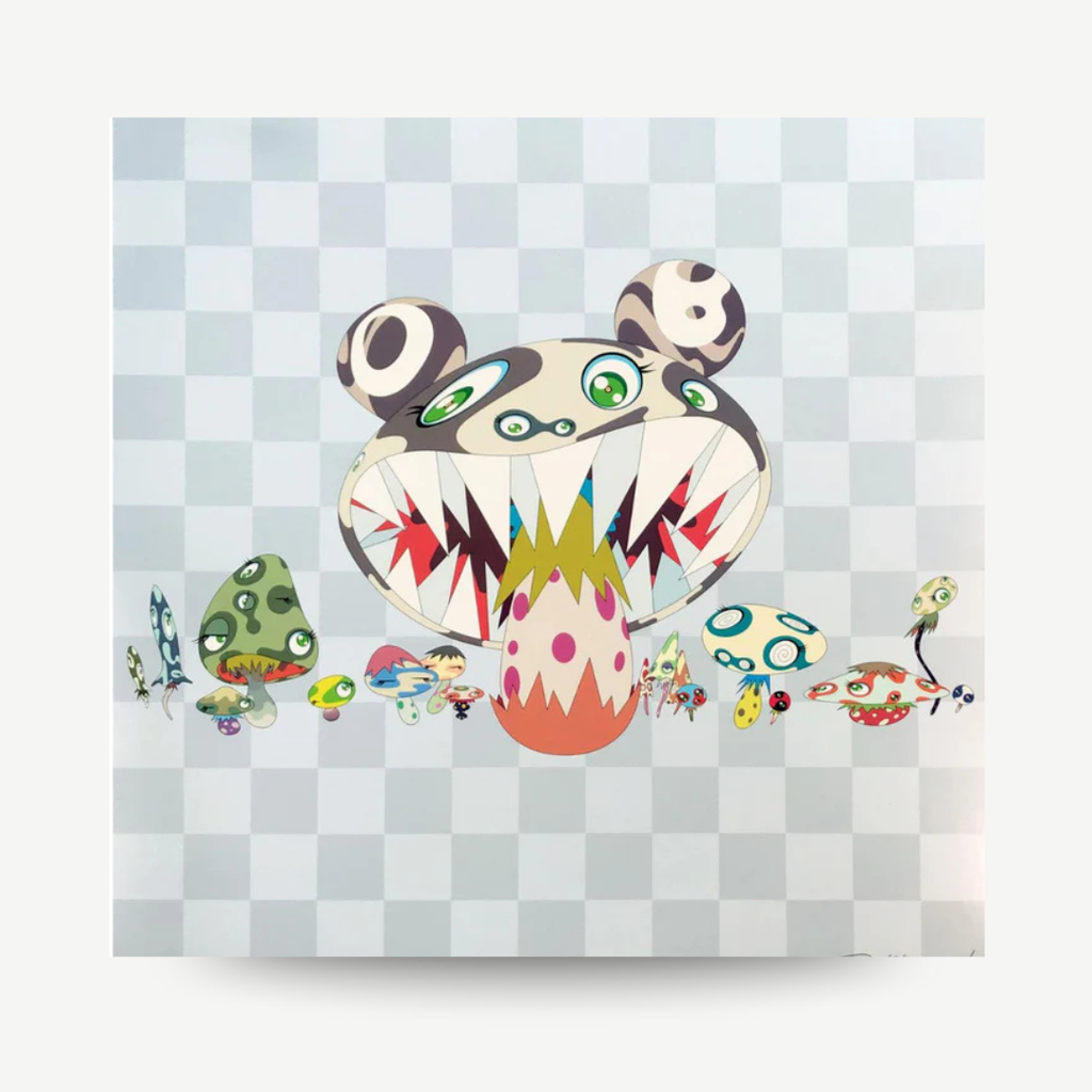 Colorful cartoon character on a checkered background Takashi Murakami here comes media original print hand-signed