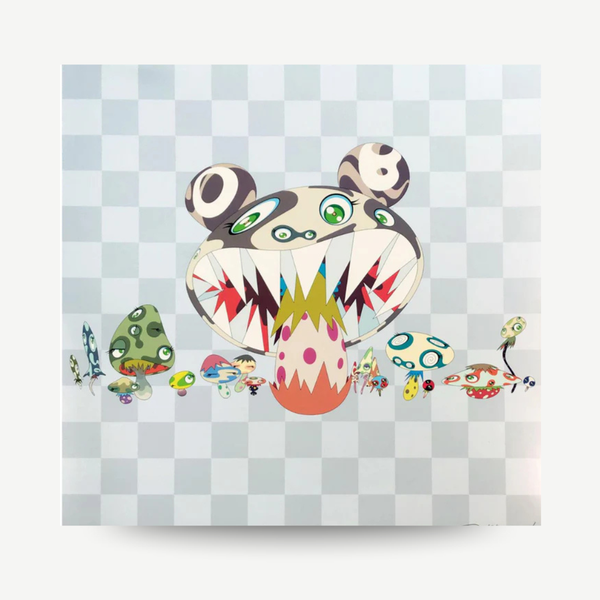 Colorful cartoon character on a checkered background Takashi Murakami here comes media original print hand-signed