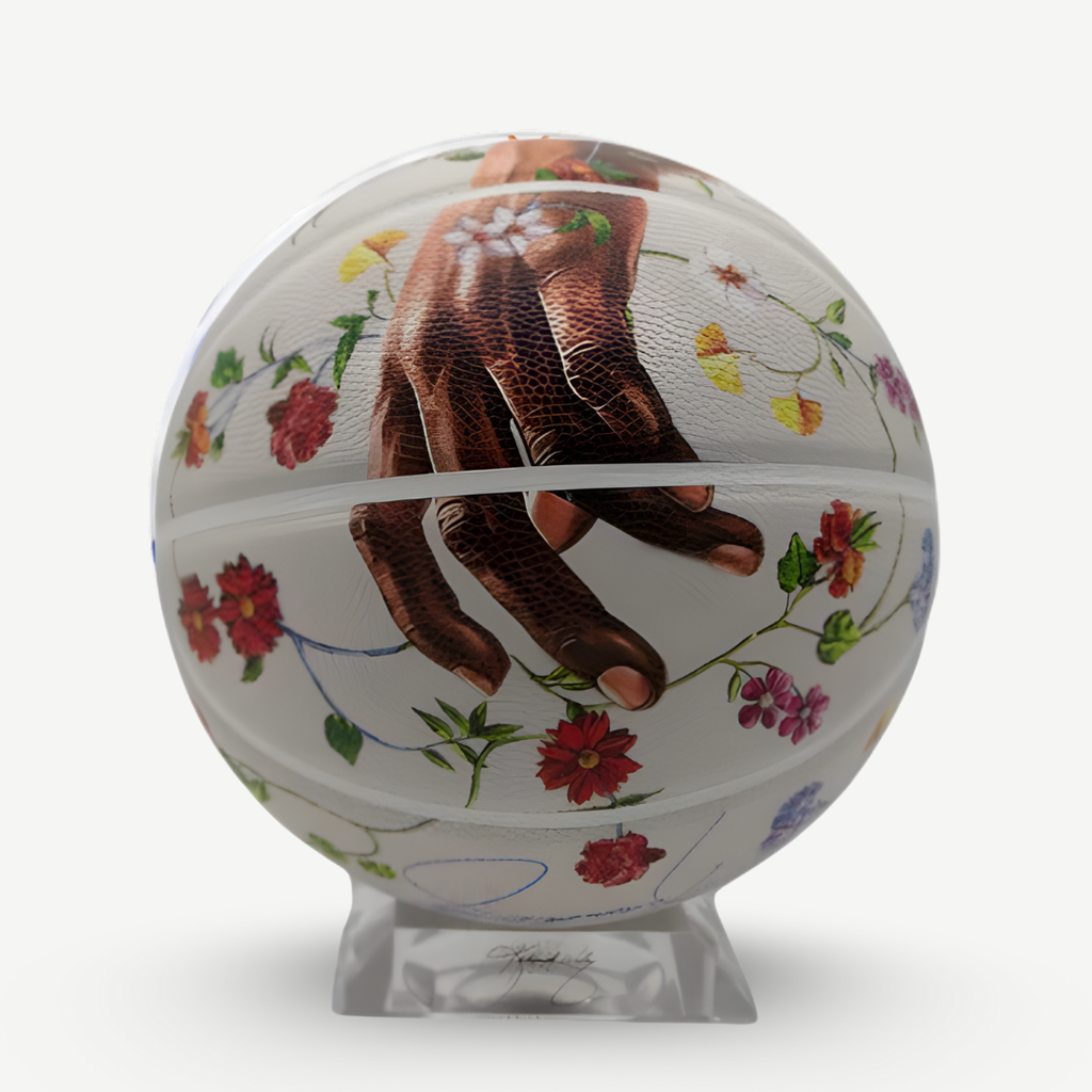 This limited edition, 2023 leather basketball features Kehinde Wiley’s 2008 painting Morpheus, reimagined from the Jean-Antoine Houdon 1777 marble sculpture of the same name.
