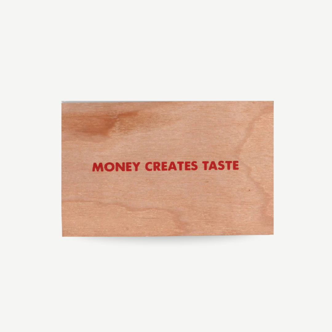 Original wood art tile by Jenny Holzer featuring red printed text, available for sale