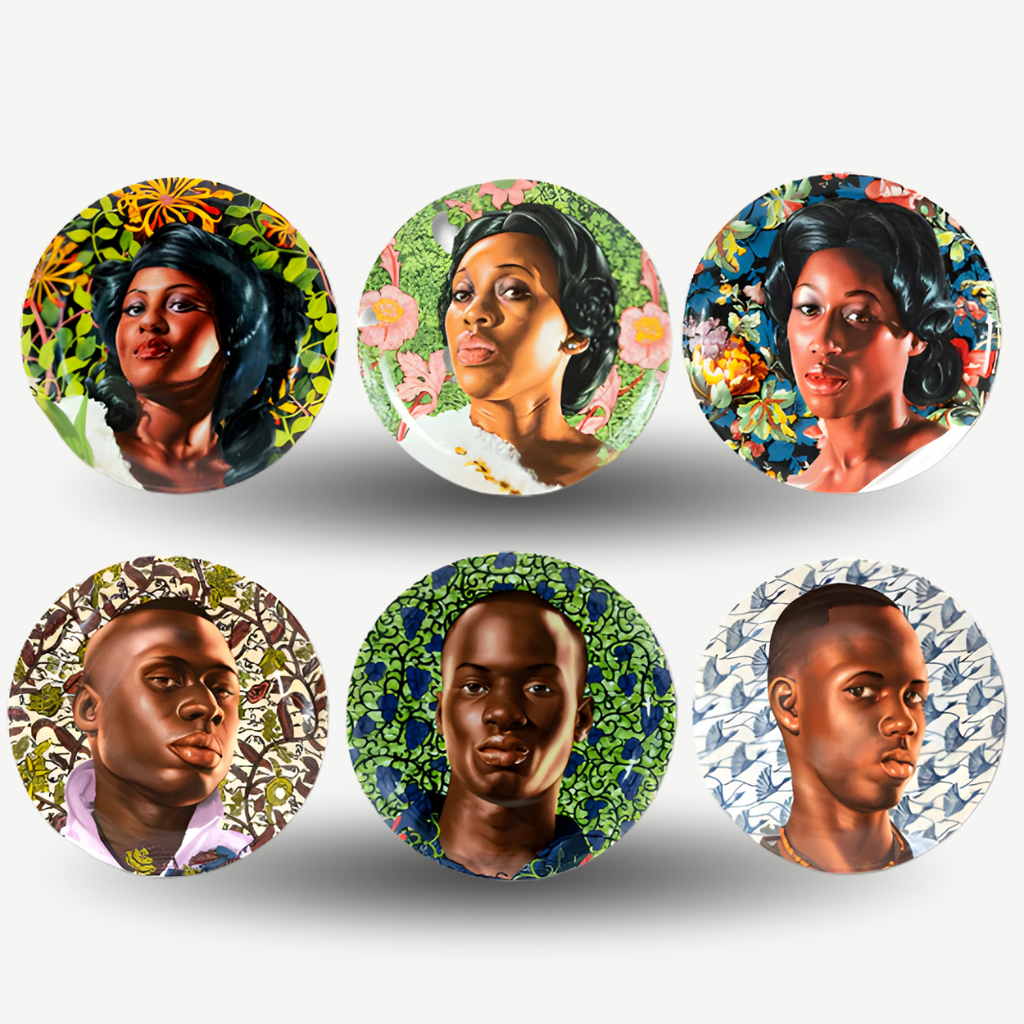 A complete set of six porcelain coupe plates featuring original Kehinde Wiley paintings.
Porcelain coupe plates