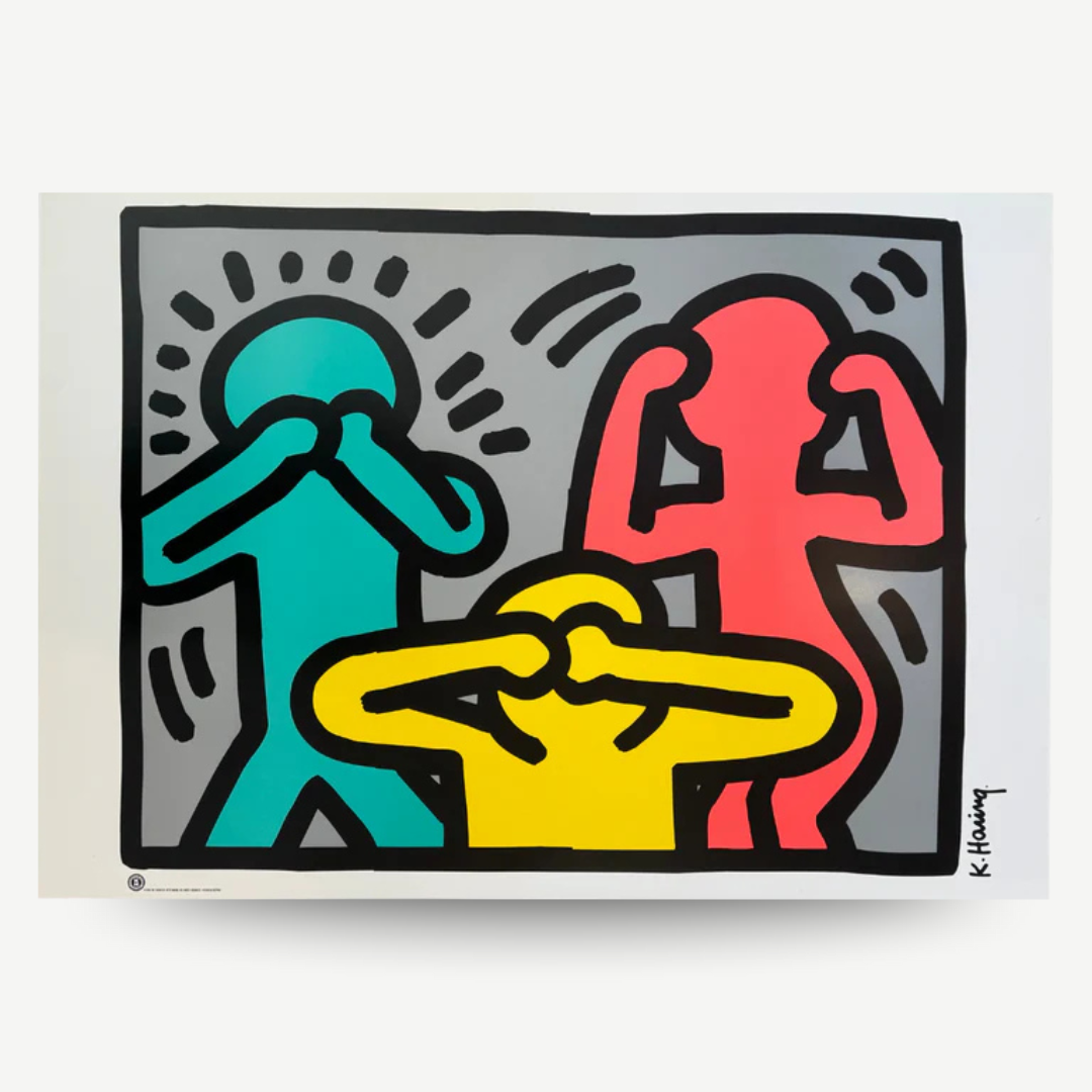 Original Keith haring poster for sale from the original pop shop, pop art classic poster Hear no evil.