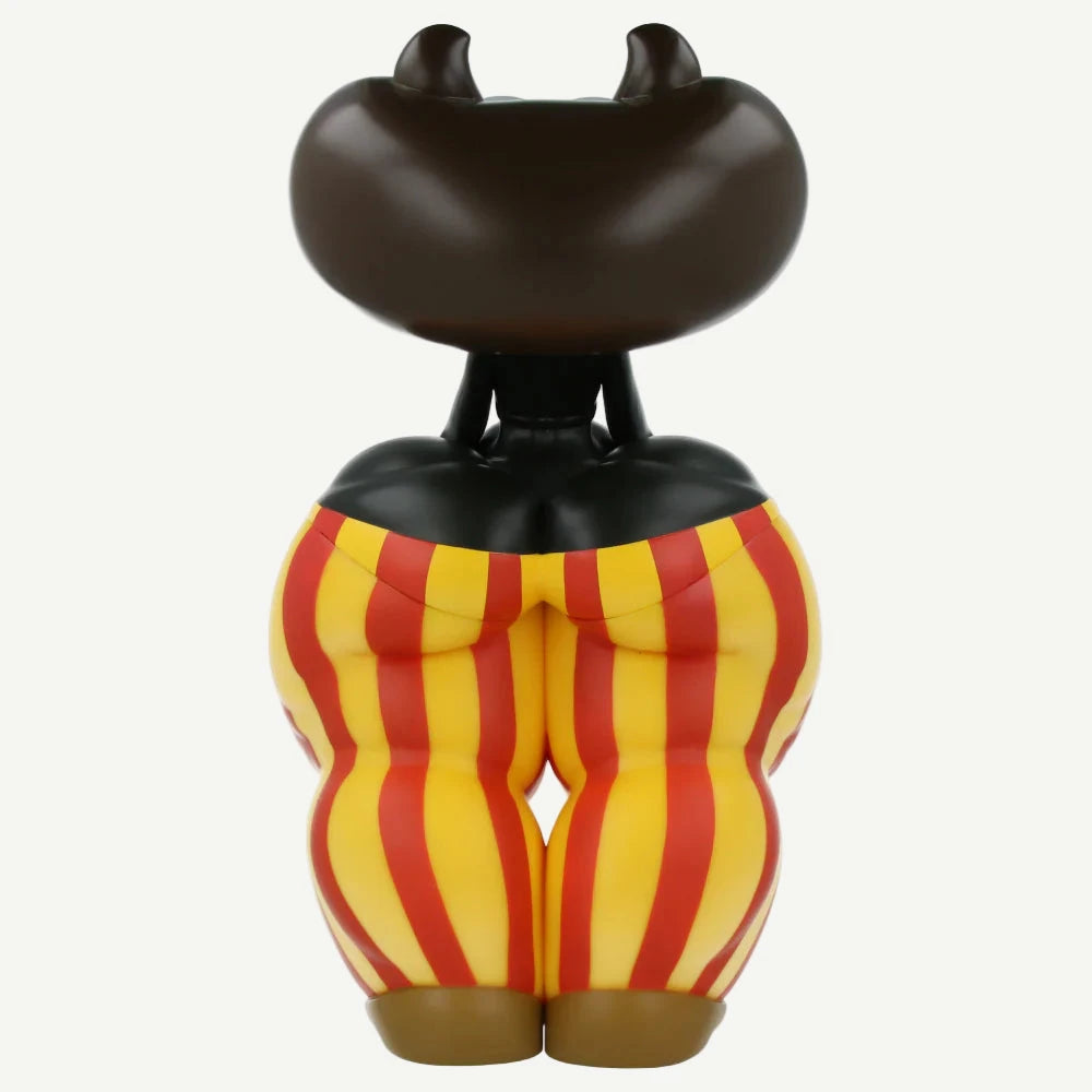 Toy figure with a brown head and body, yellow and red striped pants on a white background