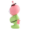 Cartoon character figurine with pink head and green body on a white background