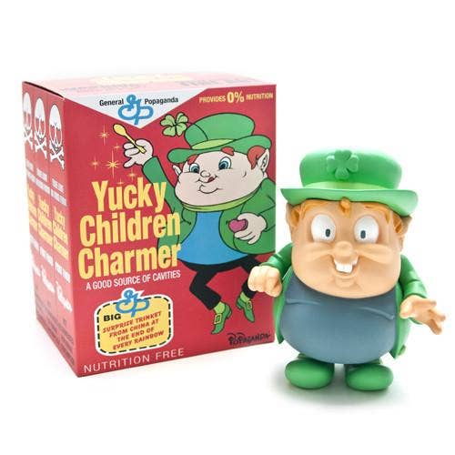 Ron English figure of a character from 'Yucky Children Charmer' candy box on a white background