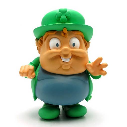 Ron English figurine with a green hat and coat on a white background