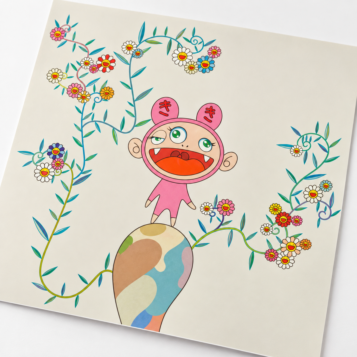 Takashi Murakami hand-signed original lithograph, limited-edition Japanese contemporary art print featuring the artist’s colorful Superflat style
