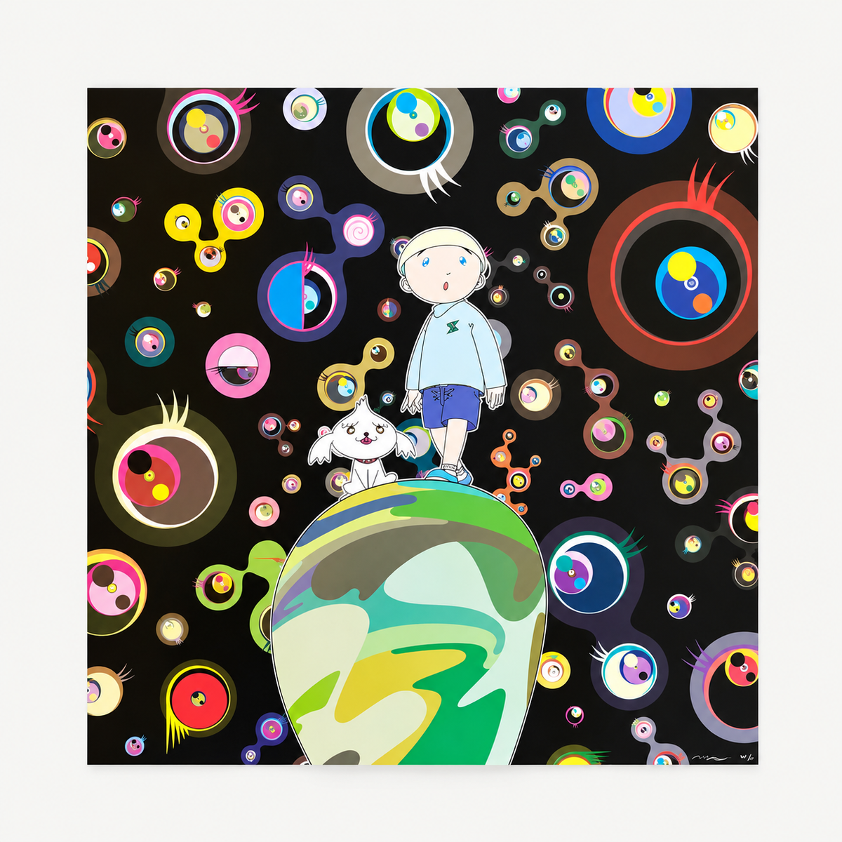 Takashi Murakami hand-signed original lithograph, limited-edition Japanese contemporary art print featuring the artist’s colorful Superflat style.