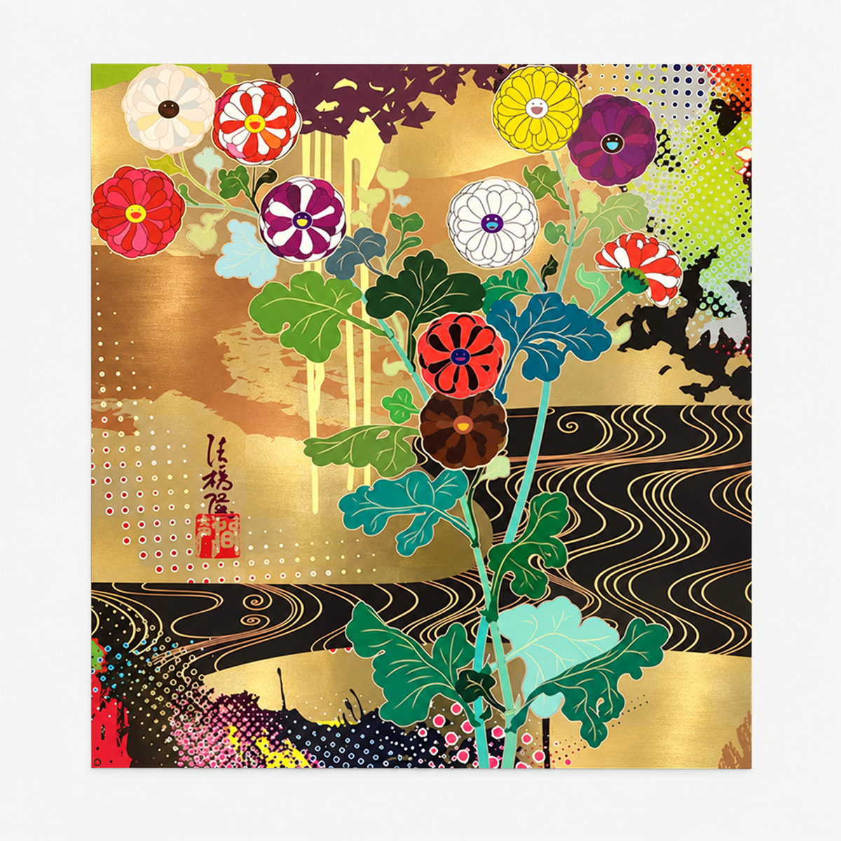 Takashi Murakami hand-signed original lithograph, limited-edition Japanese contemporary art print featuring the artist’s colorful Superflat style.