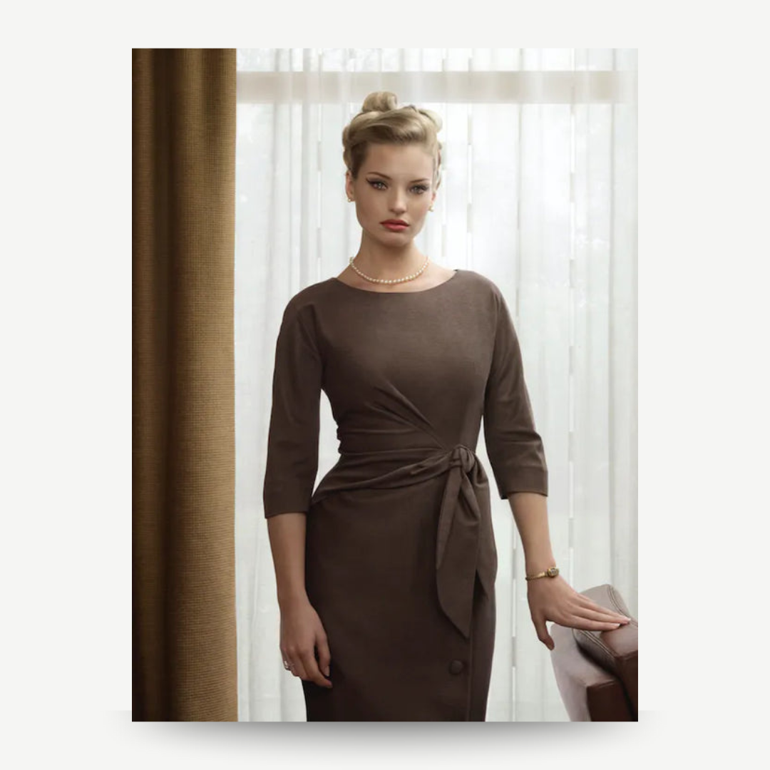 Woman wearing a brown dress with a belt, standing indoors. Erwin Olaf - Irene from the Grief series  