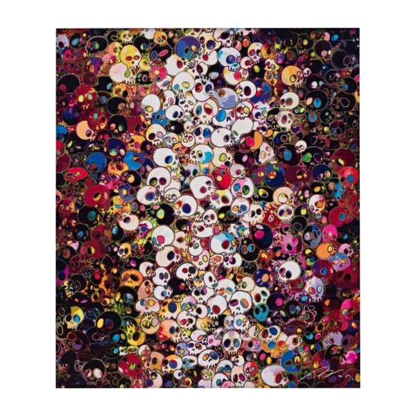 Colorful pattern of skulls on a dark background. Takashi Murakami - I don not rule my dreams, my dreams rule me original lithograph hand-signed