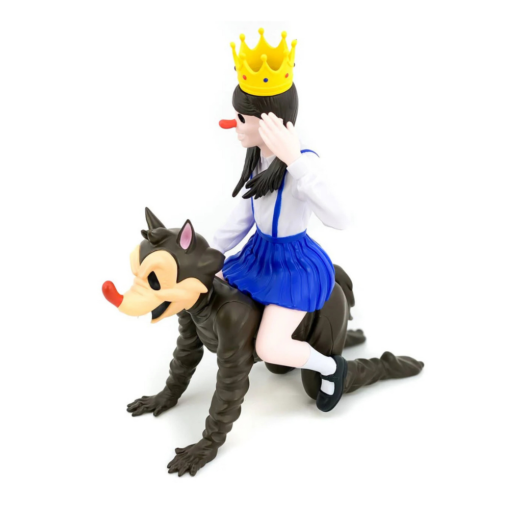 Action figure of a girl in a blue dress and yellow crown riding a wolf on a white background by Victor Castillo