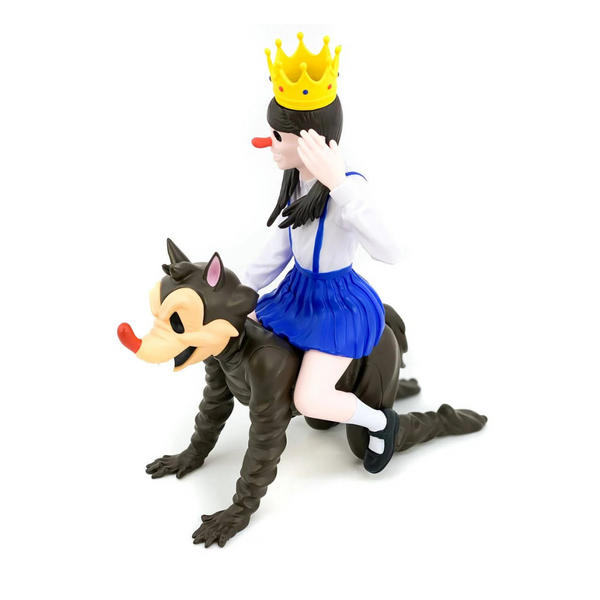 Action figure of a girl in a blue dress and yellow crown riding a wolf on a white background by Victor Castillo
