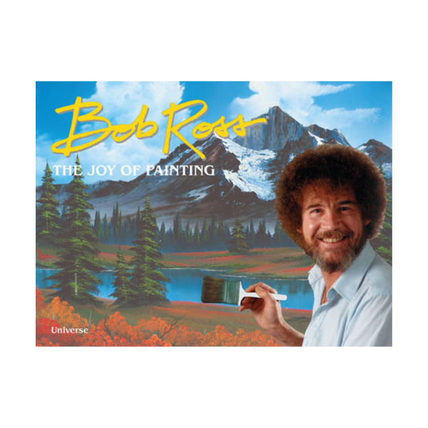 Book cover of 'The Joy of Painting' by Bob Ross featuring a mountain landscape and Bob Ross holding a paintbrush.